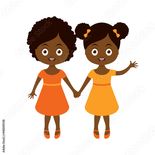 Two cute african american little girls holding hands icon vector. Two adorable black sisters girls cartoon character. Happy ethnic girls in orange dress icon isolated on a white background