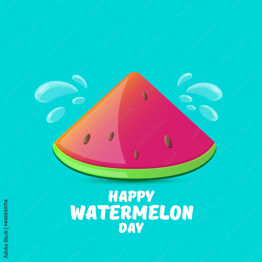 Happy watermelon day greeting card with slice of watermelon isolated on turquoise background. Watermelon day poster or banner for social media Happy watermelon day greeting card with slice of watermelon isolated on turquoise background. Watermelon day poster or banner for social media