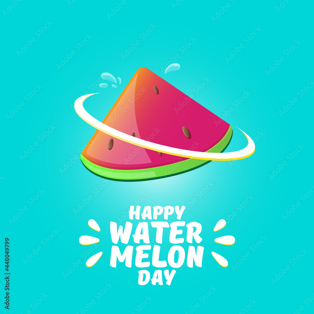 Happy watermelon day greeting card with slice of watermelon isolated on turquoise background. Watermelon day poster or banner for social media Happy watermelon day greeting card with slice of watermelon isolated on turquoise background. Watermelon day poster or banner for social media