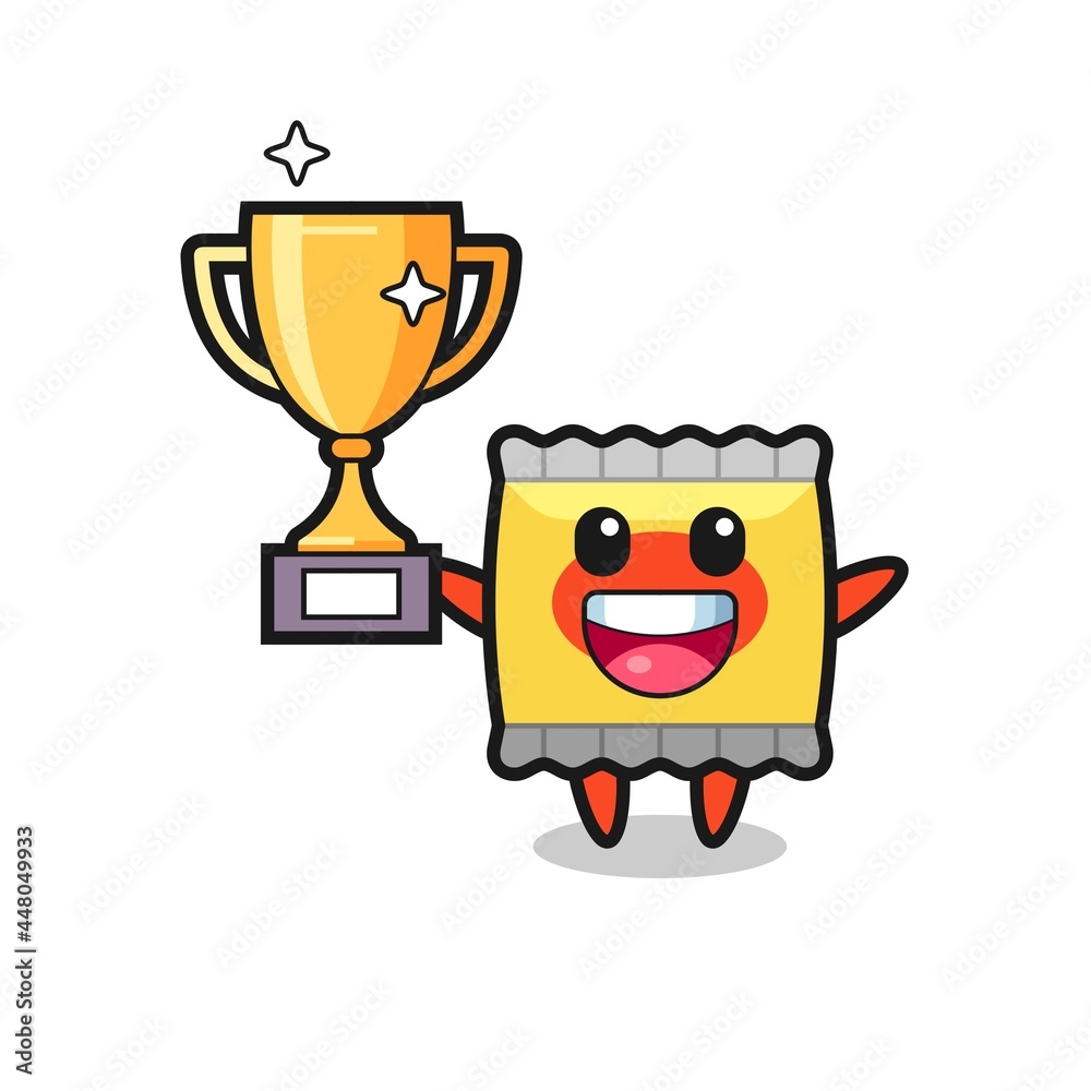 Cartoon Illustration of snack is happy holding up the golden trophy