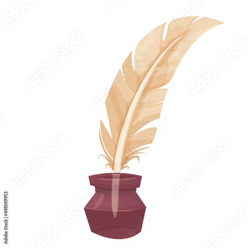 Bird feather, ancient quill with inkwell in cartoon style isolated on white background. Writing tool, equipment. Decoration element.
