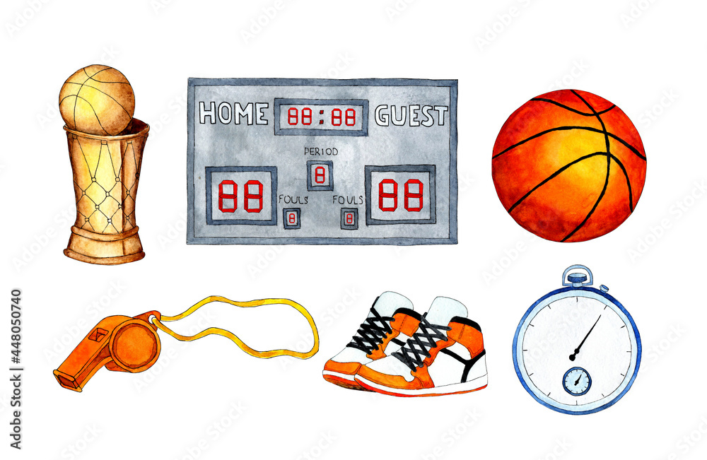 Watercolor illustration set of basketball cup, ball, stopwatch
