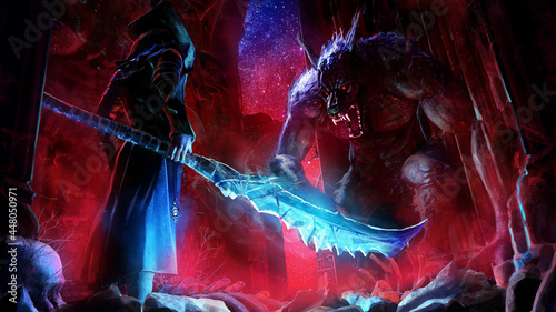 Bilde på lerret A duel between a huge werewolf monster with a toothy snout  and bloody eyes and a warrior in a jacket and hat with a magical huge jagged machete, in the middle of ancient Gothic ruins at night