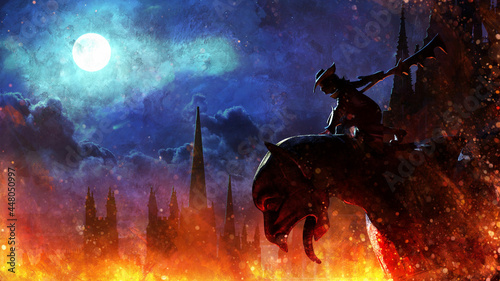 A black silhouette of a sinister aristocrat warrior in a hat with a huge serrated cleaver, he sits on an ugly gargoyle statue on the background of a burning Gothic city and a blue moon in thick clouds