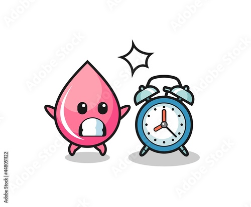 Cartoon Illustration of strawberry juice drop is surprised with a giant alarm clock