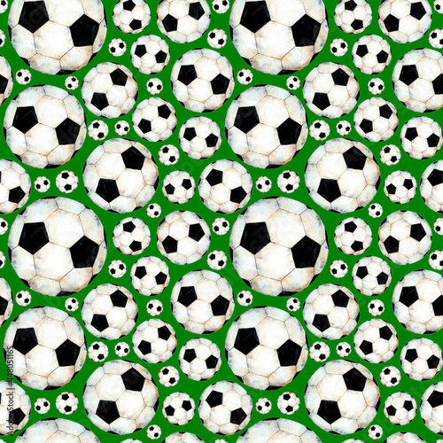 Watercolor illustration of a soccer ball pattern. Sports symbol. Seamless repeating print of the World Cup. Isolated on a green background. Drawn by hand.