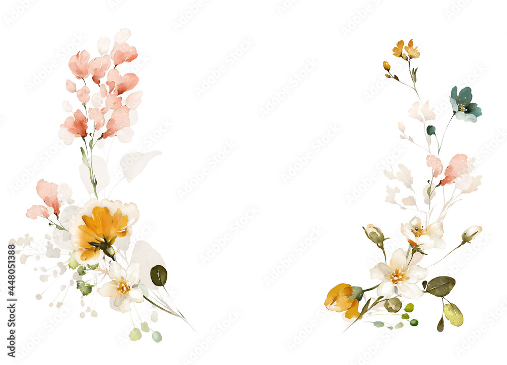 Naklejka premium Watercolor invitation design with pink, yellow garden flowers, leaves. frame, background with herbs. botanic Template - wreath