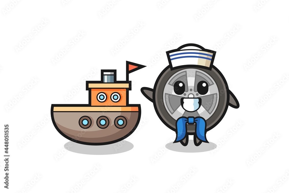 Character mascot of car wheel as a sailor man