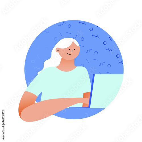 Happy Woman at Work in Circle Shape. Modern Flat Vector Illustration. Laptop. Remote Work. Social Media Template.