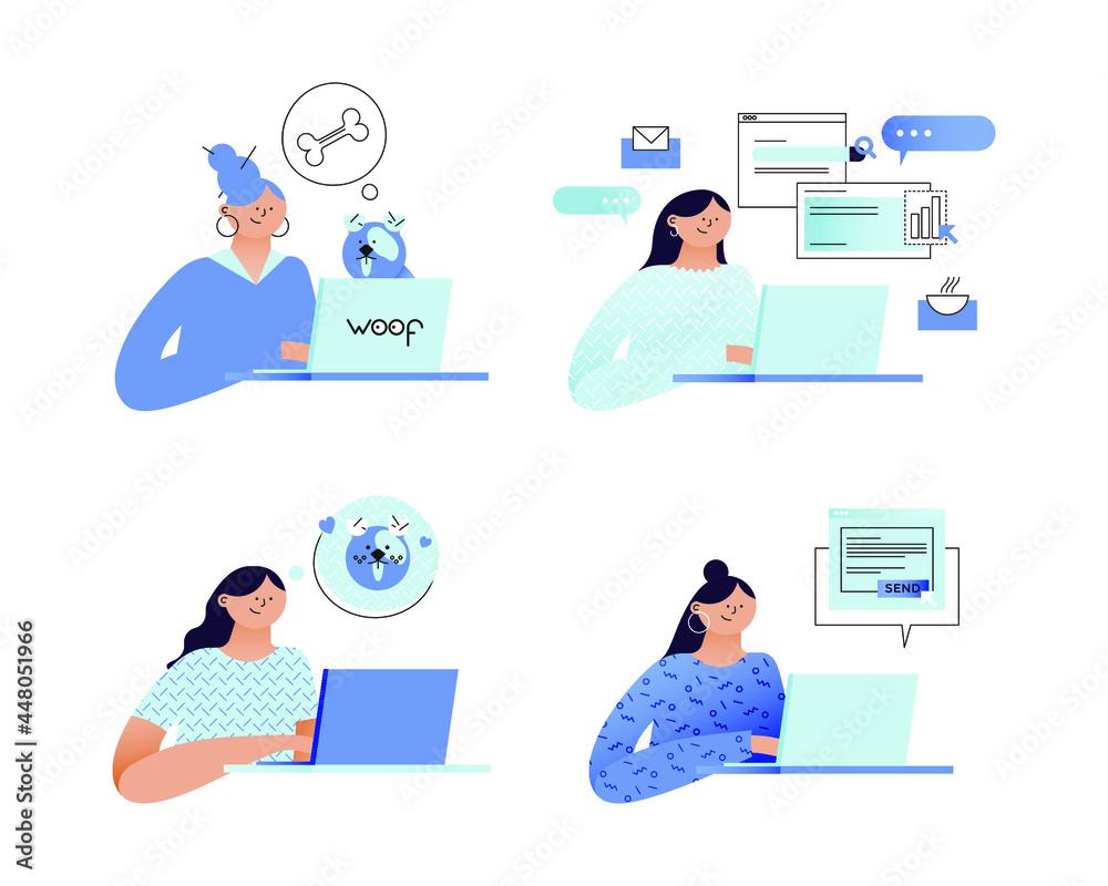 Obraz premium Set of Workers. Woman at Work while Dog Think about Bone, Woman Work on Presentation, Woman Send Letter, Woman Think about Dog. Modern Flat Vector Illustration. Remote Work. Social Media Template.