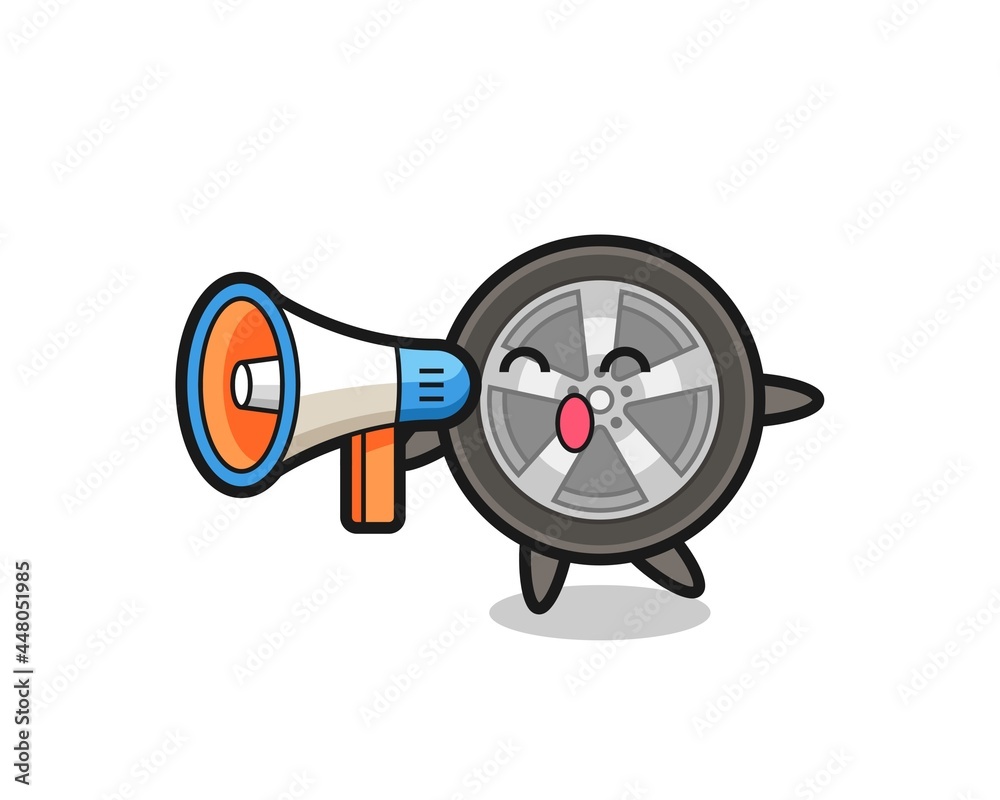 Naklejka premium car wheel character illustration holding a megaphone