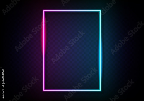 Neon vertical rectangle framer. Pink to blue gradient isolated on transparency with shadow background vector. Geometric glowing outline . Neon line in graphic style panel.