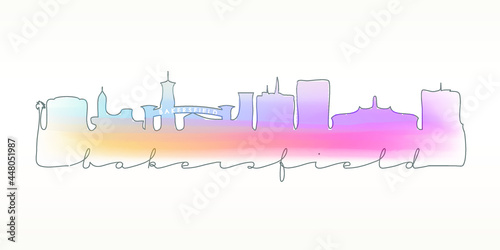 Bakersfield  CA  USA Skyline Watercolor City Illustration. Famous Buildings Silhouette Hand Drawn Doodle Art. Vector Landmark Sketch Drawing.