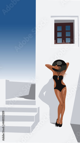 tanned girl in black sweemsuiton with summer hat on the white street