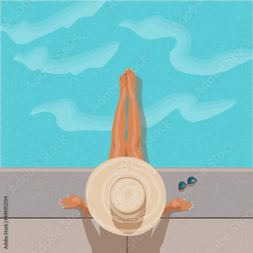 tanned girl in   summer hat in the sweemingpool