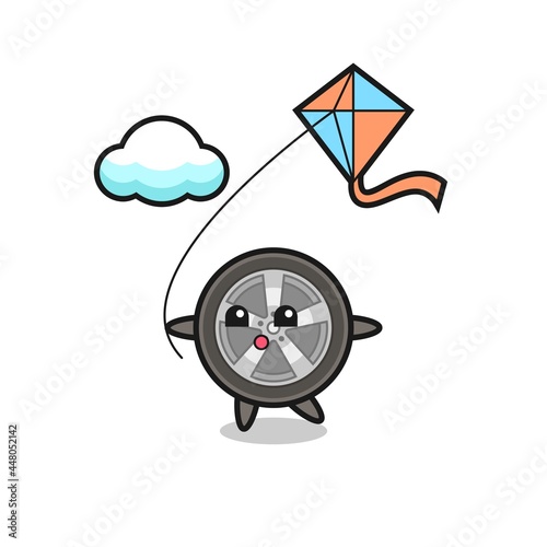 car wheel mascot illustration is playing kite
