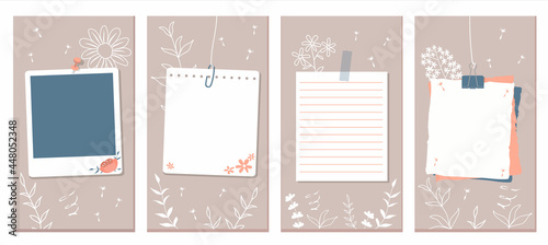Social Media Stories Layout Set. Pink flowers, contours of flowers and leaves. White notebook pages, white frame, color sheets of paper pinned or taped to the wall. Vector illustration, flat style.