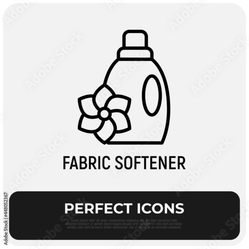 Bottle of fabric softener, cleaner, detergent thin line icon. Plastic bottle with flower. Modern vector illustration.