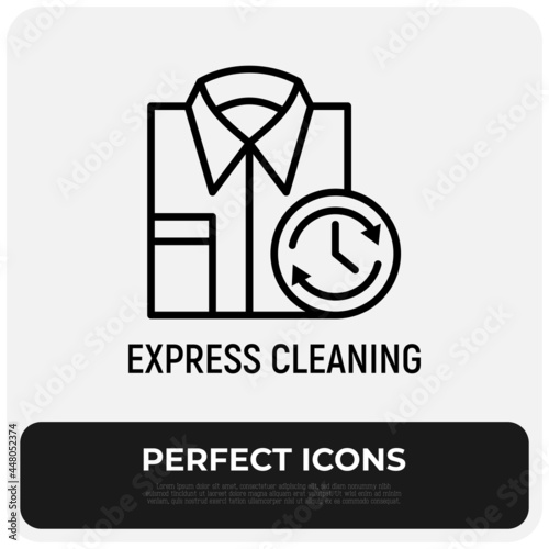 Express cleaning: folded shirt with timer. Laundry service. Thin line icon. Modern vector illustration.