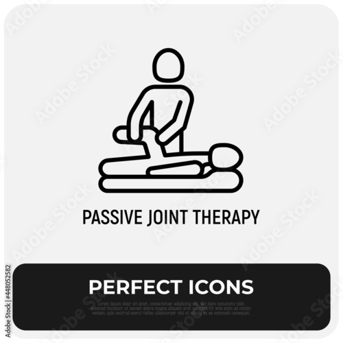 Massage, passive joint therapy thin line icon, physiotherapist warms up knee of man. Physiotherapy, rehabilitation. Modern vector illustration.