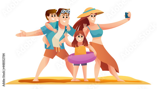 Family taking selfie on summer vacation concept illustration. Happy family enjoying vacation on the beach characters set
