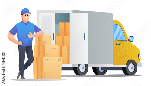 Courier bring packages with delivery truck concept character