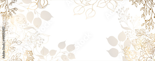 Luxurious golden wallpaper. Banner with flowers. Watercolor spots and stains on a white background. Shiny flowers and twigs. Vector file.