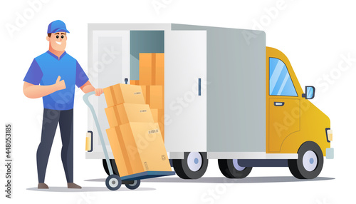 Courier bring packages with trolley. courier standing beside delivery truck concept character