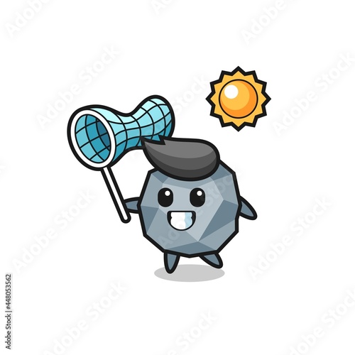 stone mascot illustration is catching butterfly