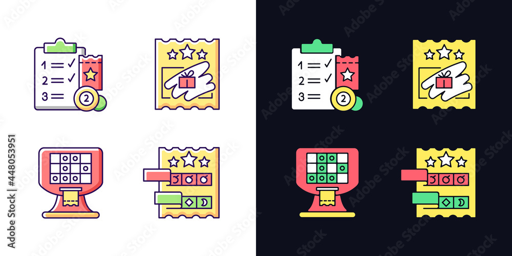Lottery conduction light and dark theme RGB color icons set. Session program. Electronic gambling machine. Isolated vector illustrations on white and black space. Simple filled line drawings pack