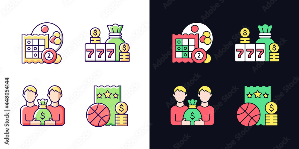 Participation in lottery light and dark theme RGB color icons set. Bingo game. Winning large cash reward. Isolated vector illustrations on white and black space. Simple filled line drawings pack Participation in lottery light and dark theme RGB color icons set. Bingo game. Winning large cash reward. Isolated vector illustrations on white and black space. Simple filled line drawings pack