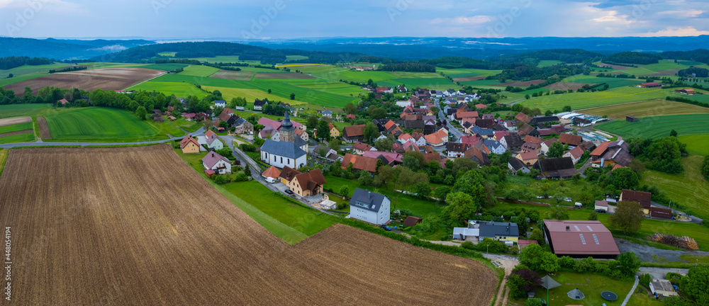 Aerial view of the village Hohenmirsberg in Germany, Bavaria on a cloudy rainy day in Spring