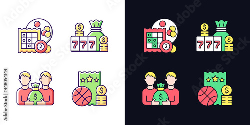 Participation in lottery light and dark theme RGB color icons set. Bingo game. Winning large cash reward. Isolated vector illustrations on white and black space. Simple filled line drawings pack