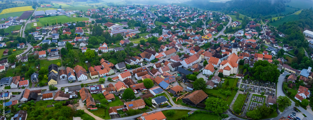 Aerial view of the city Lauterhofen Germany, Bavaria on a cloudy day in Spring
