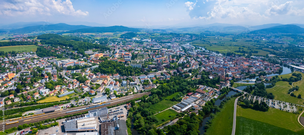 Aerial view of the city Cham in Germany, Bavaria on a sunny day in Spring