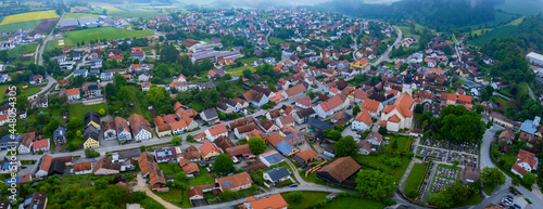 Aerial view of the city Lauterhofen Germany, Bavaria on a cloudy day in Spring