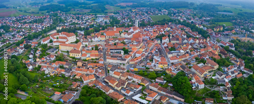Aerial view of the city Sulzbach-Rosenberg in Germany, Bavaria on a cloudy morning day in Spring photo