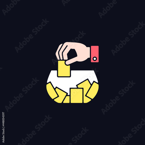 Raffle RGB color icon for dark theme. Gambling competition. Choosing random numbered ticket. Prize giveaway. Isolated vector illustration on night mode background. Simple filled line drawing on black