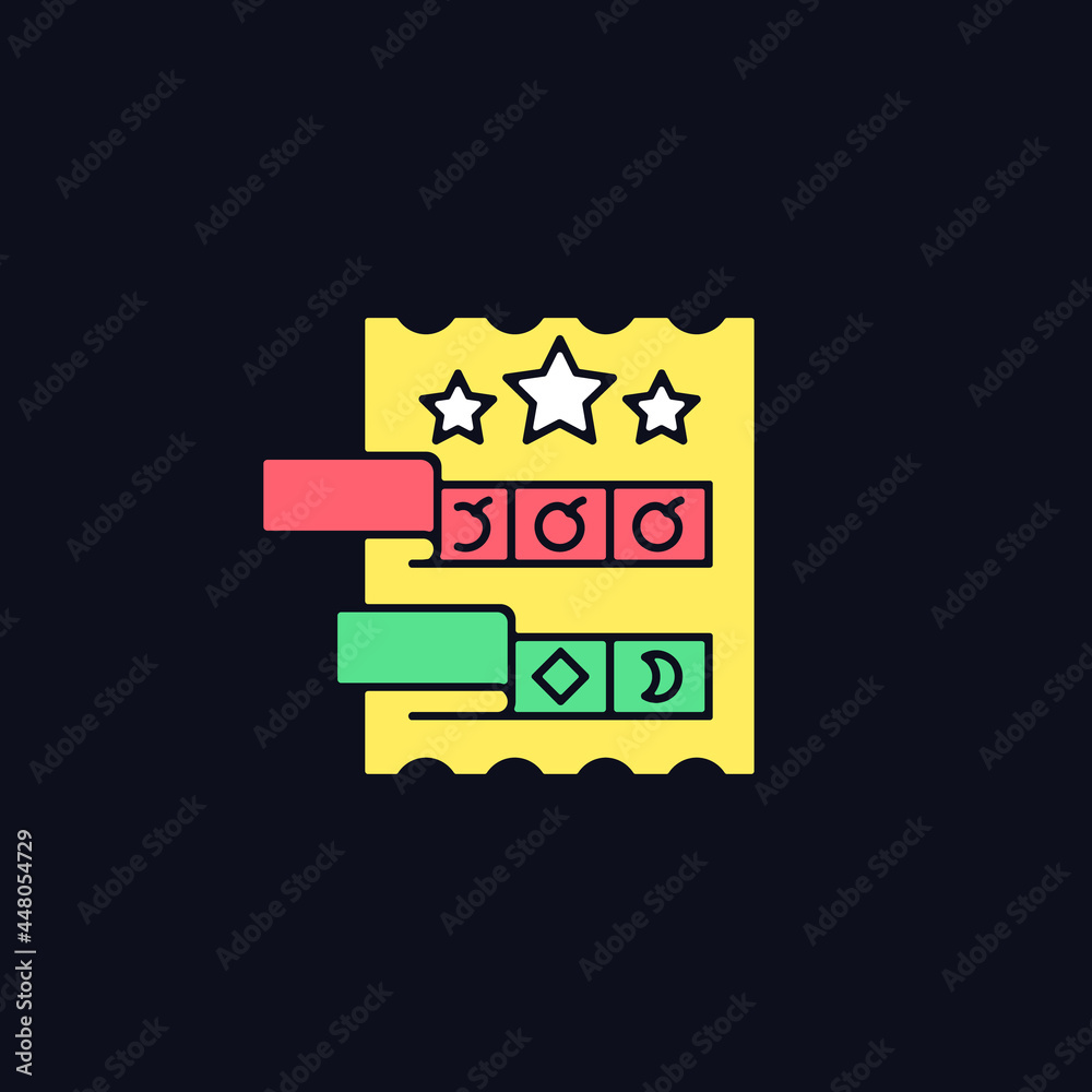 Fototapeta premium Break open lottery ticket RGB color icon for dark theme. Paper-style game. Prizes for winning combinations. Isolated vector illustration on night mode background. Simple filled line drawing on black