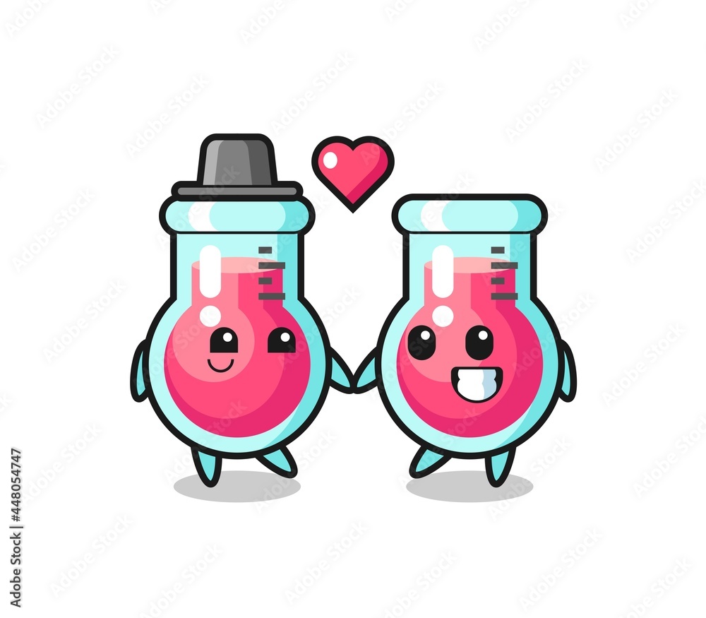 laboratory beaker cartoon character couple with fall in love gesture