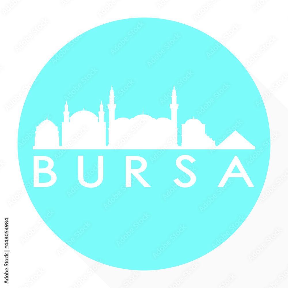 Naklejka premium Bursa, Turkey Round Button City Skyline Design. Silhouette Stamp Vector Travel Tourism.