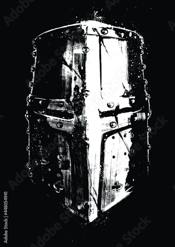 A beautiful knight painted shiny helmet of an experienced knight Templar, it is chipped with scratches and dents, painted with texture brushes in white on black with blotches. 2d illustration