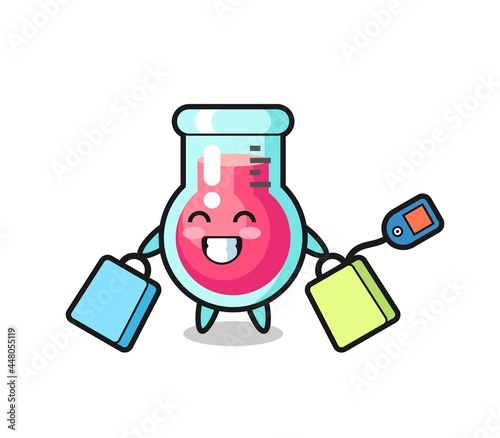 laboratory beaker mascot cartoon holding a shopping bag