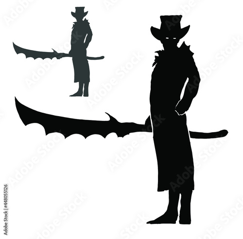 The black silhouette of a sinister aristocrat warrior in a cylindrical hat with a huge serrated sword, which he holds like a feather, his eyes glow ominously in the dark. 2d illustration.
