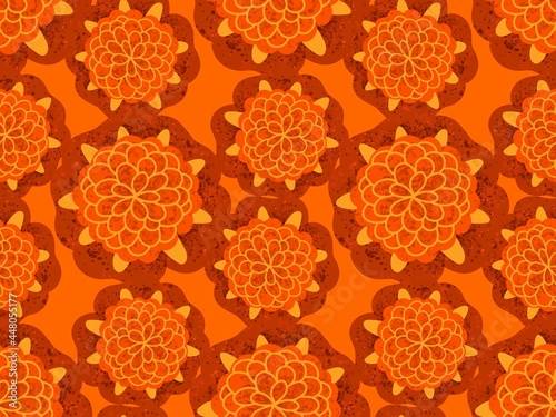 Seamless pattern, orange geometric marigold flowers, in a simple pattern on an orange background. A bright ornament for the autumn background. Vector illustration