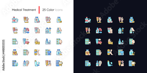 Medical treatment light and dark theme RGB color icons set. Oral hygiene. Antibacterial ointments. Isolated vector illustrations on white and black space. Simple filled line drawings pack