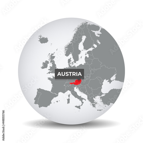 World globe map with the identication of Austria. Map of Austria. Austria on grey political 3D globe. Europe countries. Vector stock.