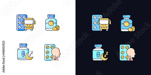 Maintaining life quality light and dark theme RGB color icons set. Motion sickness treatment. Gelatin capsules. Isolated vector illustrations on white and black space. Simple filled line drawings pack