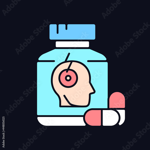 Pills for headache RGB color icon for dark theme. Pain reliever. Migraine medication. Chronic pain treatment. Isolated vector illustration on night mode background. Simple filled line drawing on black
