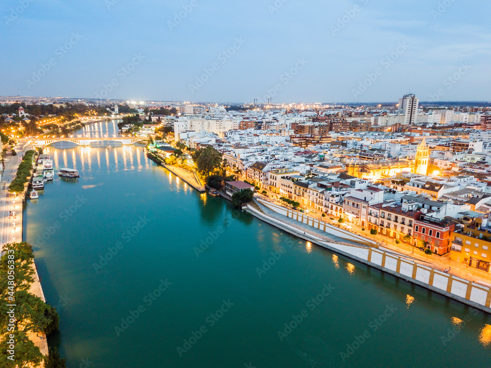Aerial view of historic Seville by the evening, Spain